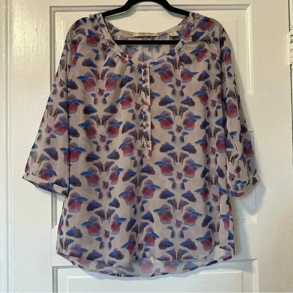 Maison Scotch Beautiful Fish Print Mauve Red Blue Blouse EUC Size Large - Picture 1 of 7